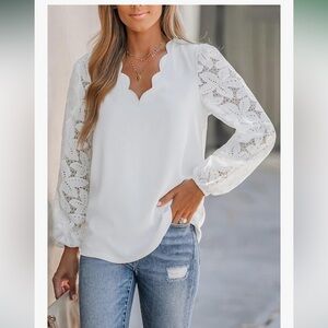 Cupshe White Scalloped Lace Sleeve Blouse | Romantic Long Sleeve Top | Size L